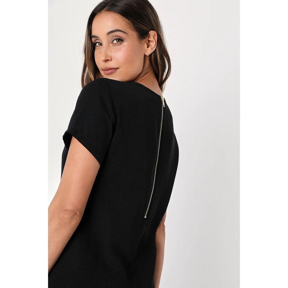 Lulus Black Shift Dress Short Sleeve Back Zip Minimalist Size L